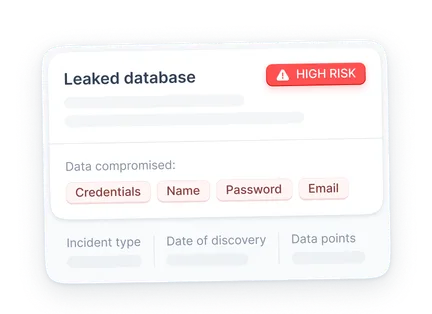 NordProtect dark web monitoring alert showing that the user’s credentials, name, password, and email have been leaked.